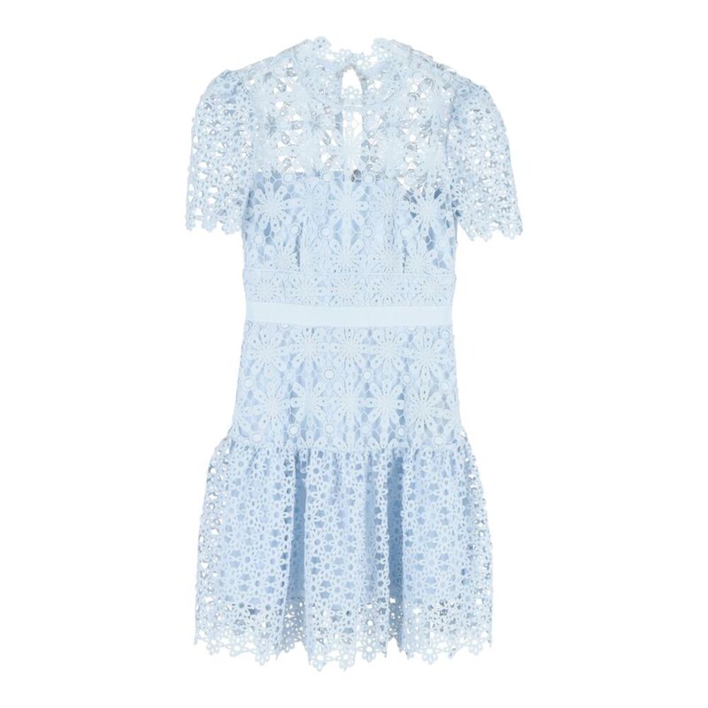 Self-Portrait Short Sleeve Mini Dress in Light Blue Polyester Lace